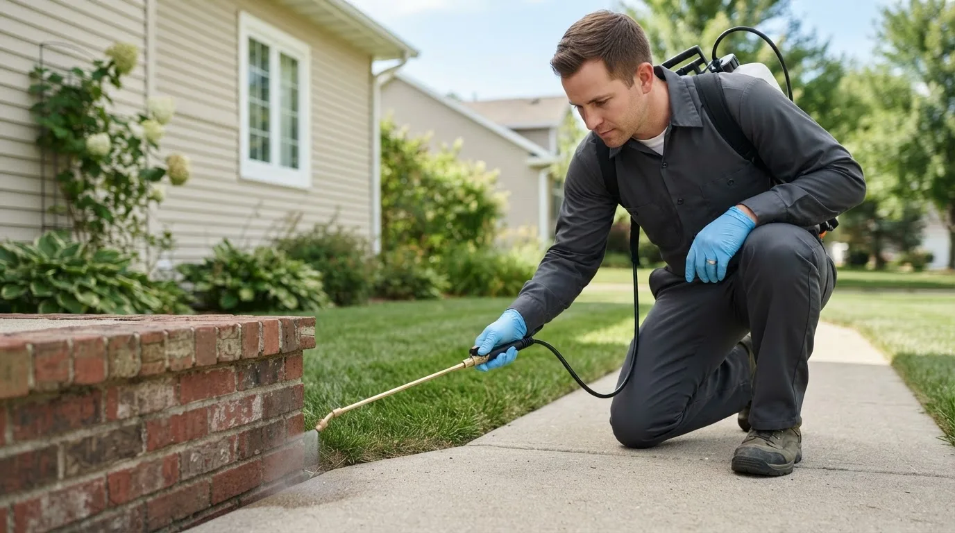 Pest control technician treating a home near Utica, NY