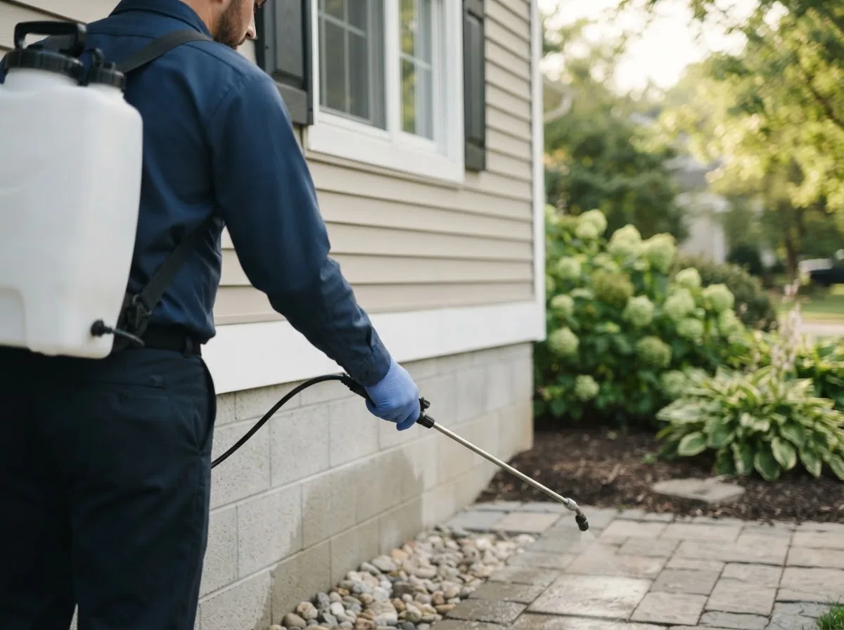 Pest control technician inspecting a home in Utica, NY